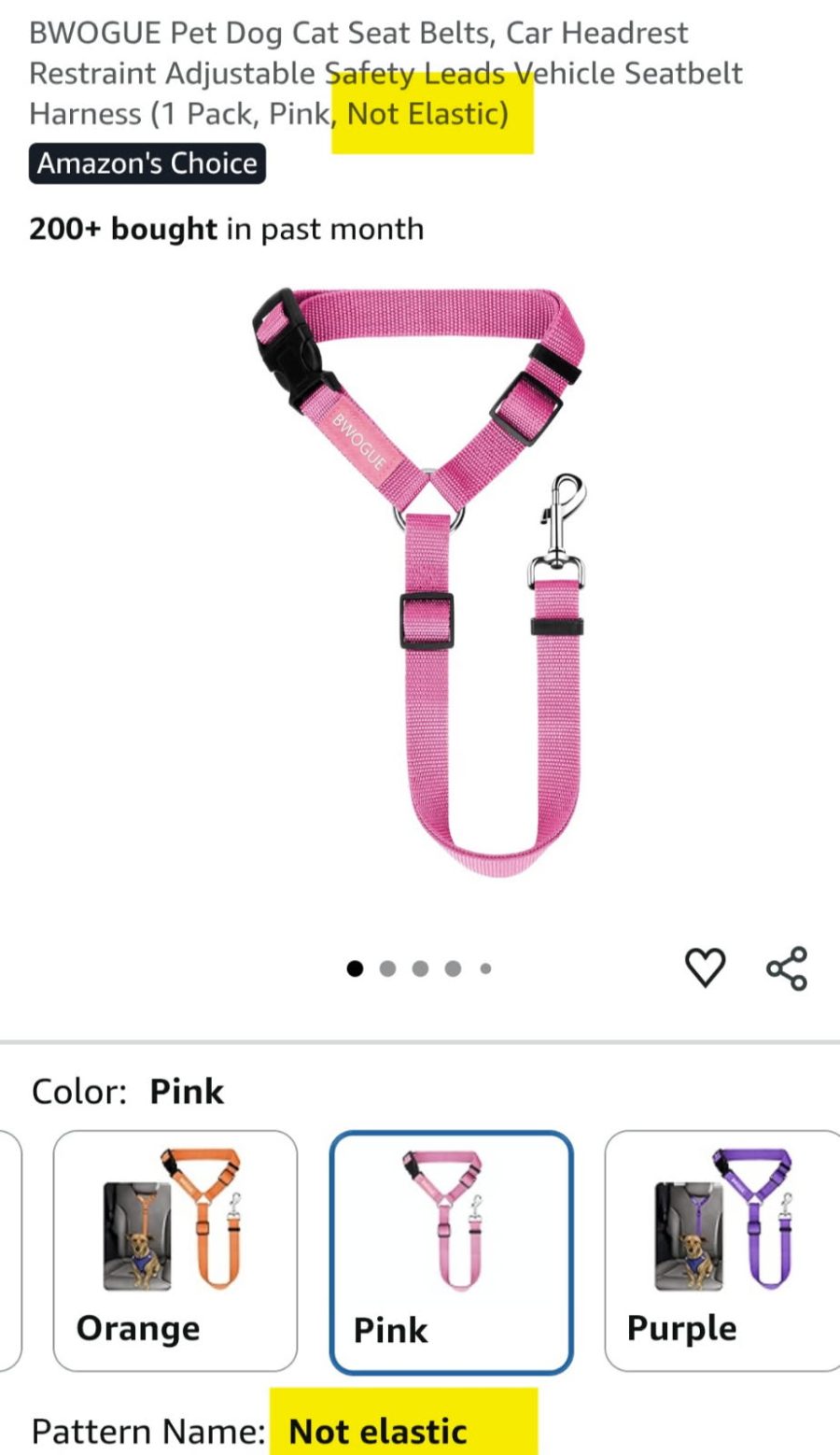 Non-elastic dog car seat belt safety harness